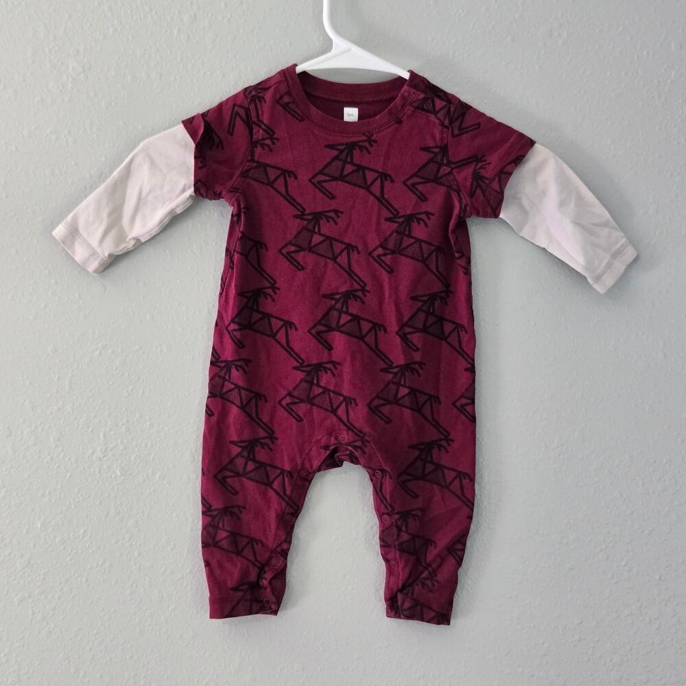 Tea Collection Boy Romper Reindeer Christmas Holiday Maroon Size 6-9m